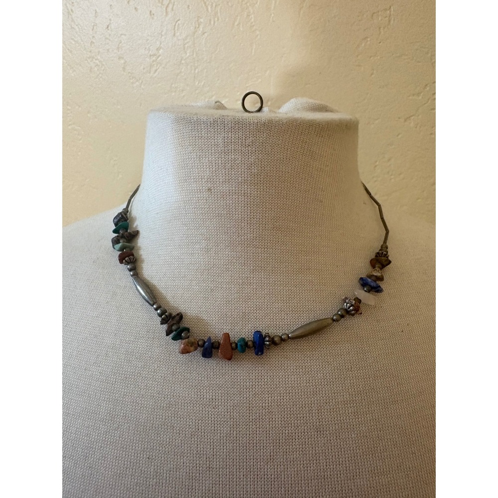 Vintage Southwestern Liquid Silver Multi Gemstone Chip Necklace Barrel Clasp 18"